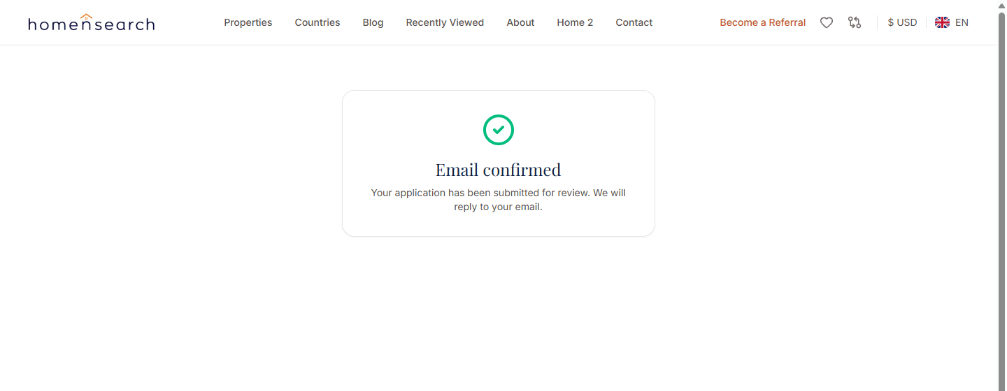 Die Seite „E-Mail bestätigt“ auf der Website