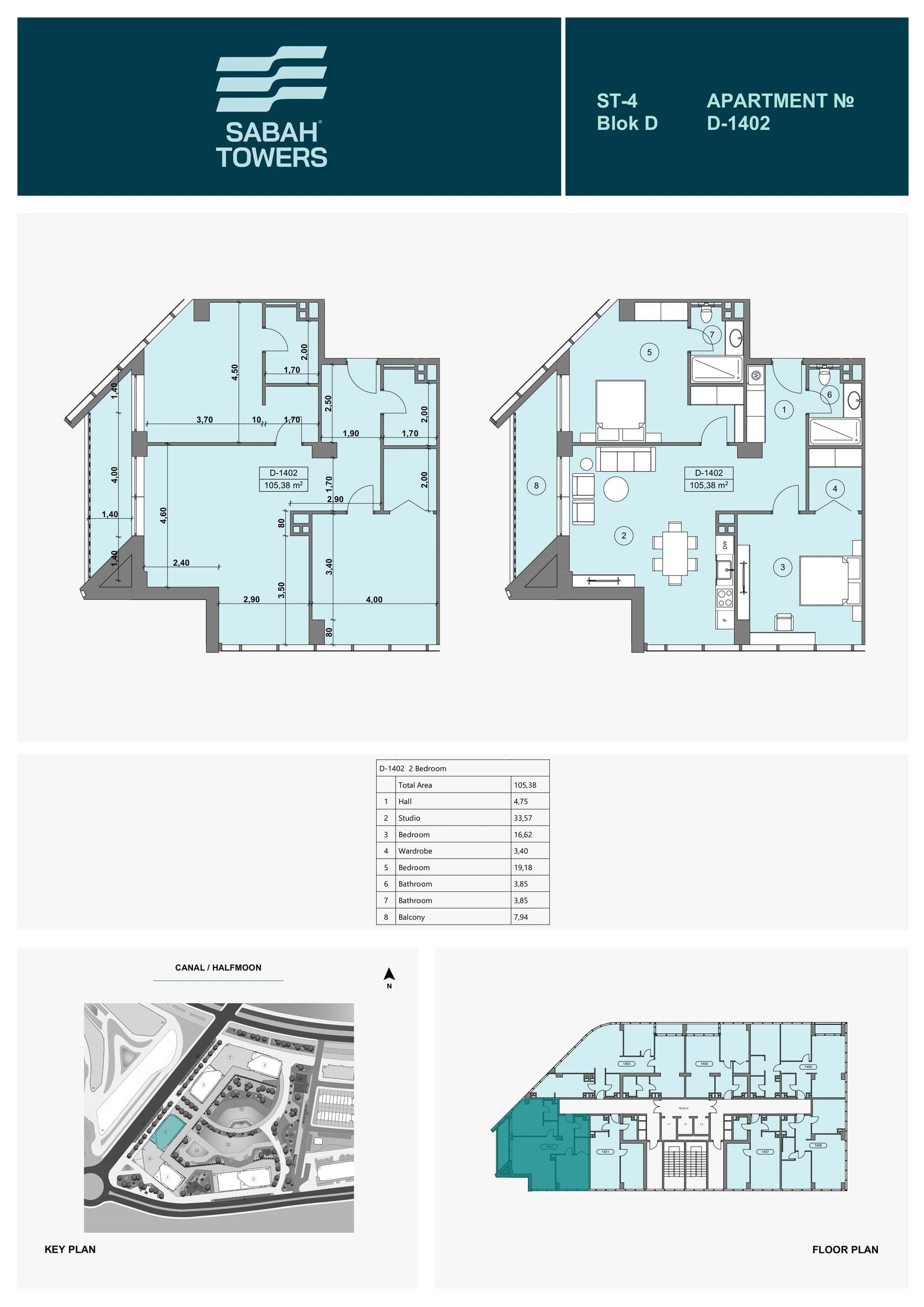 Wohnung mit 2 Schlafzimmern in Sabah Towers, Sea Breeze, Baku – 105,38 m²