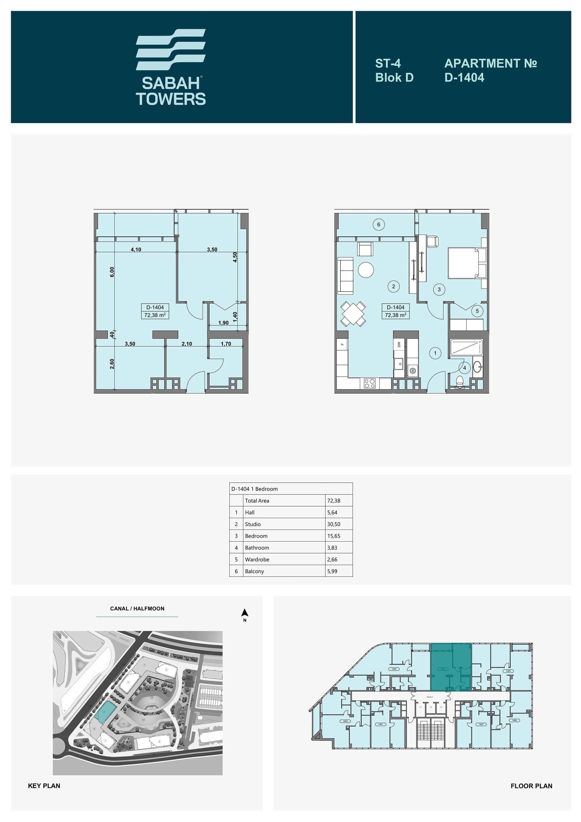 Wohnung mit 1 Schlafzimmer in Sabah Towers, Sea Breeze, Baku – 72,38 m²